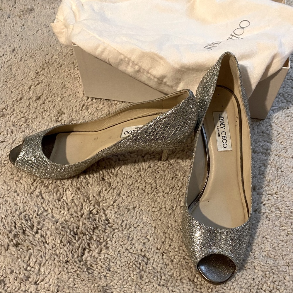 Jimmy Choo Logan D’orsay Glitter Peep Toe Pump. Size 40 with dust bag and box.